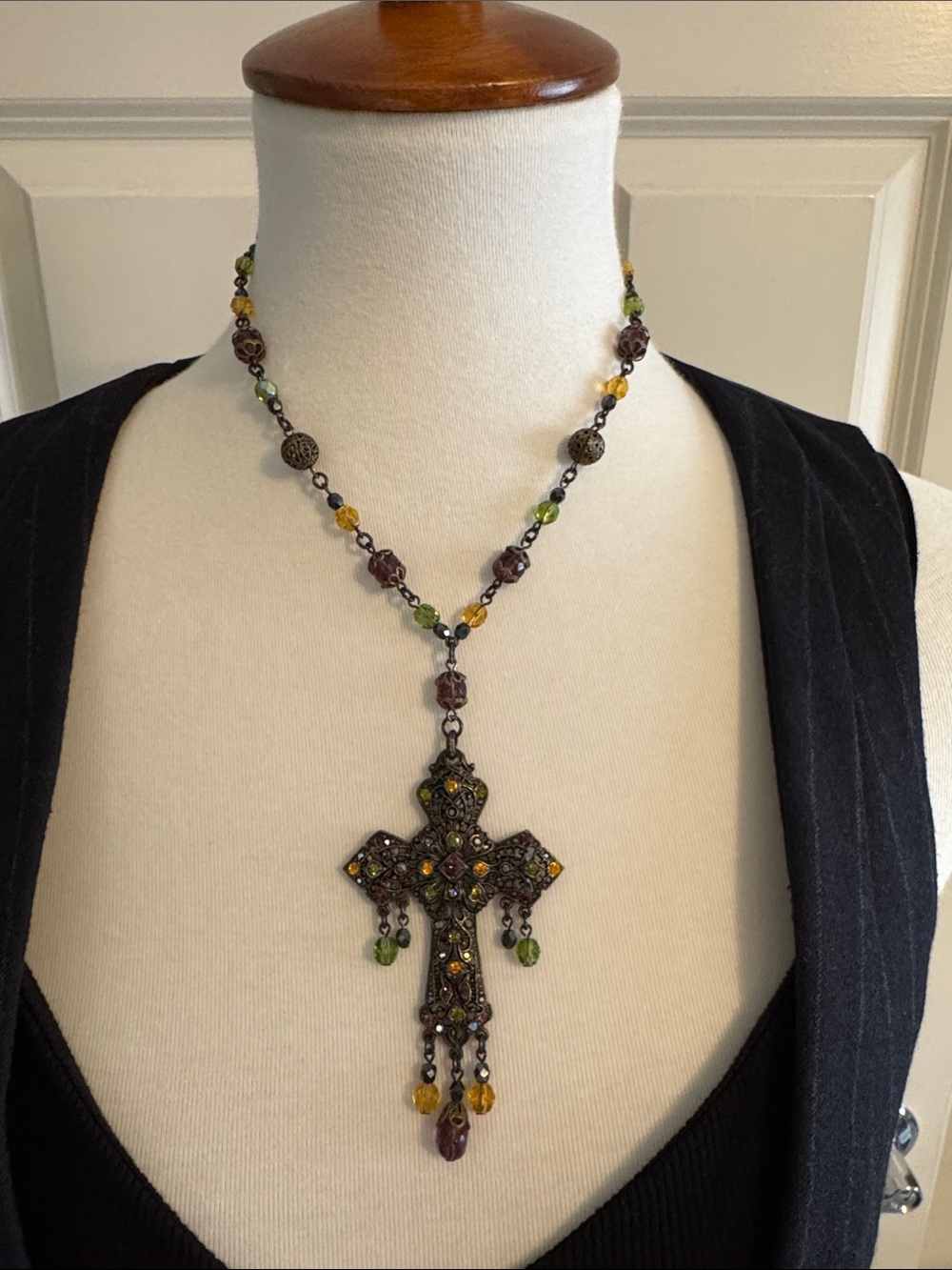 Ben-Amun Green, Yellow & Purple Beaded Cross Pendant Necklace